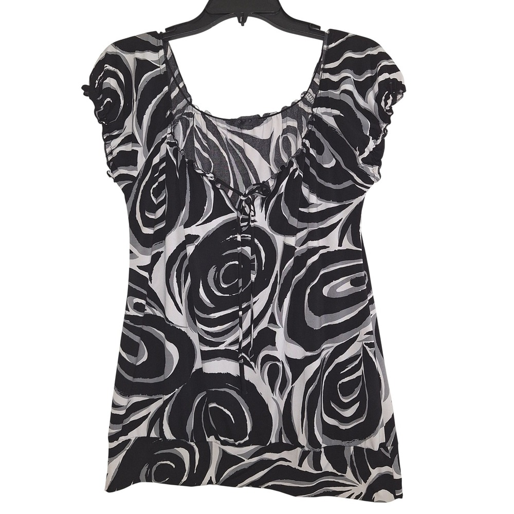Y2K Whimsigoth Women Black White‎ Grey Abstract Swirl Scoop Neck Tie Blouse Top